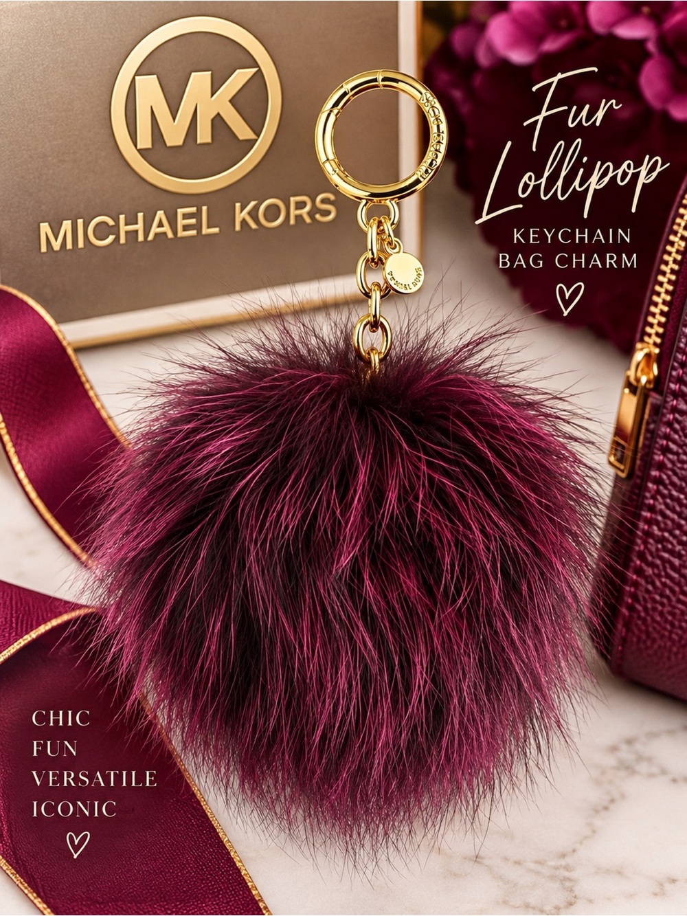 Michael Kors Merlot Lollipop Fox Fur Key Chain‎ & MK BAG CHARM